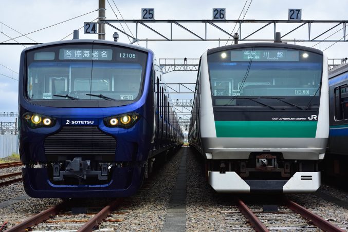 JR_East_Kawagoe_depot_E233-7000_series_and_Sagami_Railway_12000_series